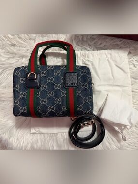 Gucci Blue GG Denim Mini Boston Bag with Red and Green Web Straps NWT